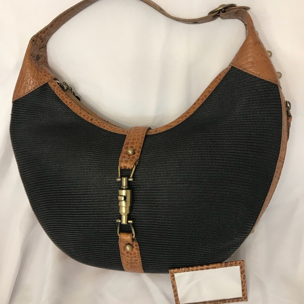 Eric Javits straw handbag black with tan accents